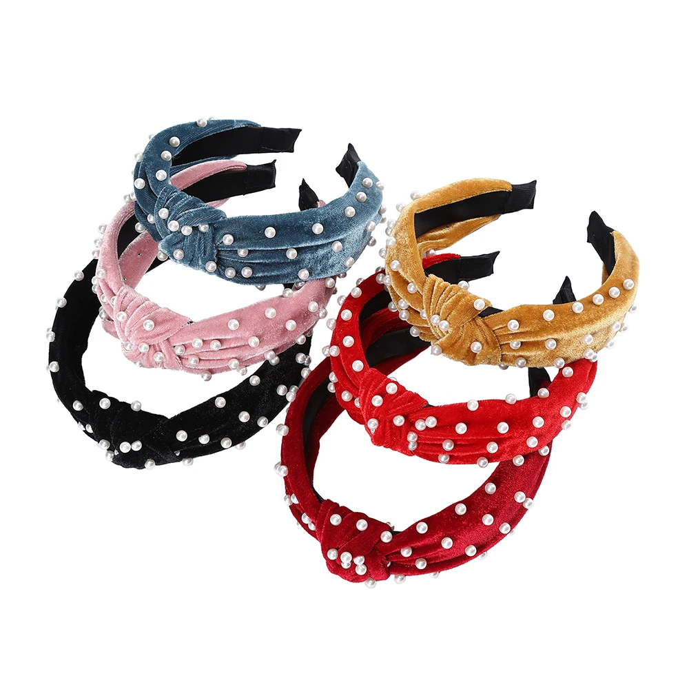 Новинка Бархатная повязка на голову с жемчугом кораллового цвета Однотонная