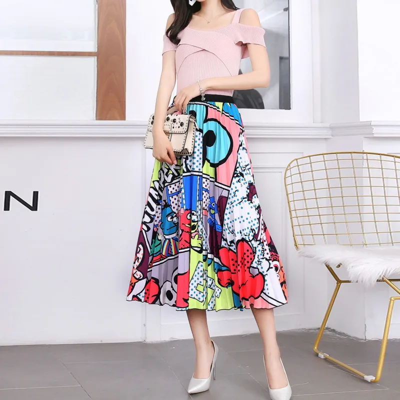 YELITE узкая талия плиссированная юбка с принтом средней длины трапециевидная