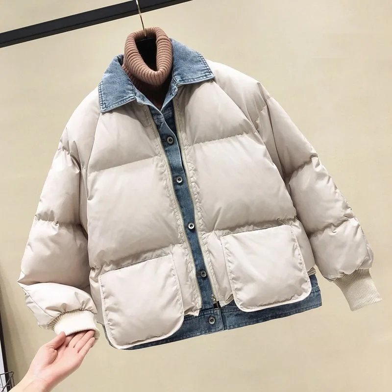 Korean Winter Fall Casual Womens Female Green Beige Black Denim Patchwork Padded Thick Coat Woman Fashion Parka Coats | Женская одежда