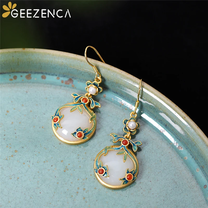 

925 Sterling Silver Gold-plated Hetian Jade Drop Earrings For Women Fine Jewelry Agate Cloisonne Flower Water-drop Earring Gift