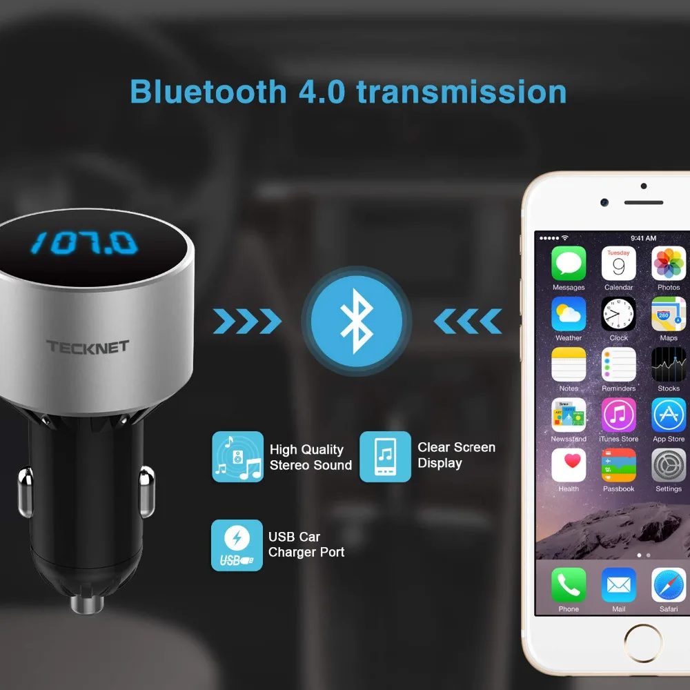 TeckNet 5 В/2.1A USB Автомобильное зарядное устройство с fm-передатчиком Bluetooth Handsfree FM модулятор зарядное устройство для телефона в автомобиле для iPhone Xiaomi