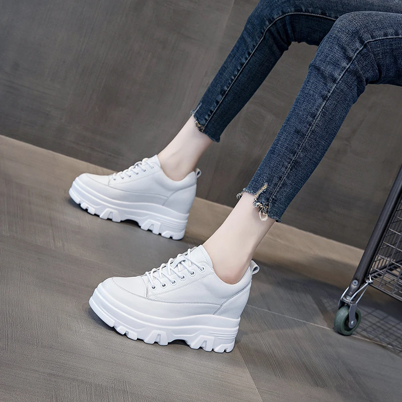 Купить: Heels 8cm Wedge Sneakers Genuine Leather Shoes Women Platform Wedges  Shoes for Women Fashion White Beige Lace-up Shoes Woman, со скидкой 17.03  рублей