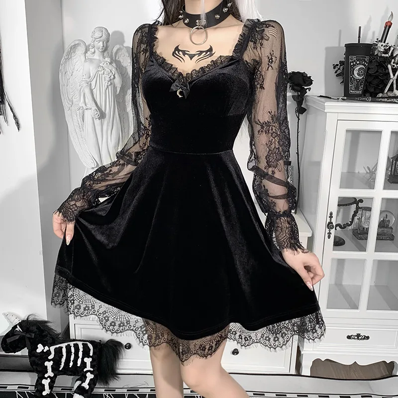

Dark Goth Velour Gothic Aesthetic Vintage Dresses Women's Lace Patchwork Grunge Black Dress Long Sleeve A-line Autumn Partywear