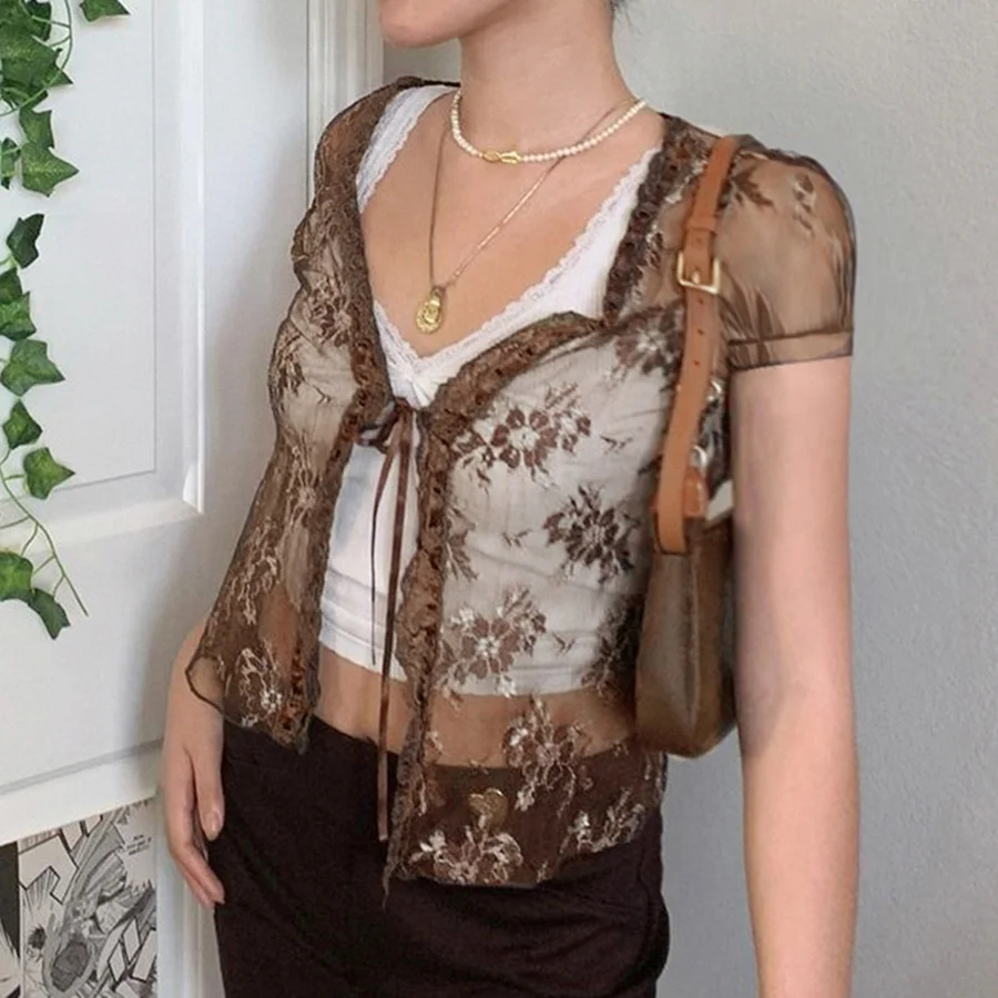 

Hot Sale Floral Lace Cardigans Y2K Brown Crop Top Frill Cute T Shirt Tie Up Short Sleeve Tshirt Women Harajuku Tee Top Vintage