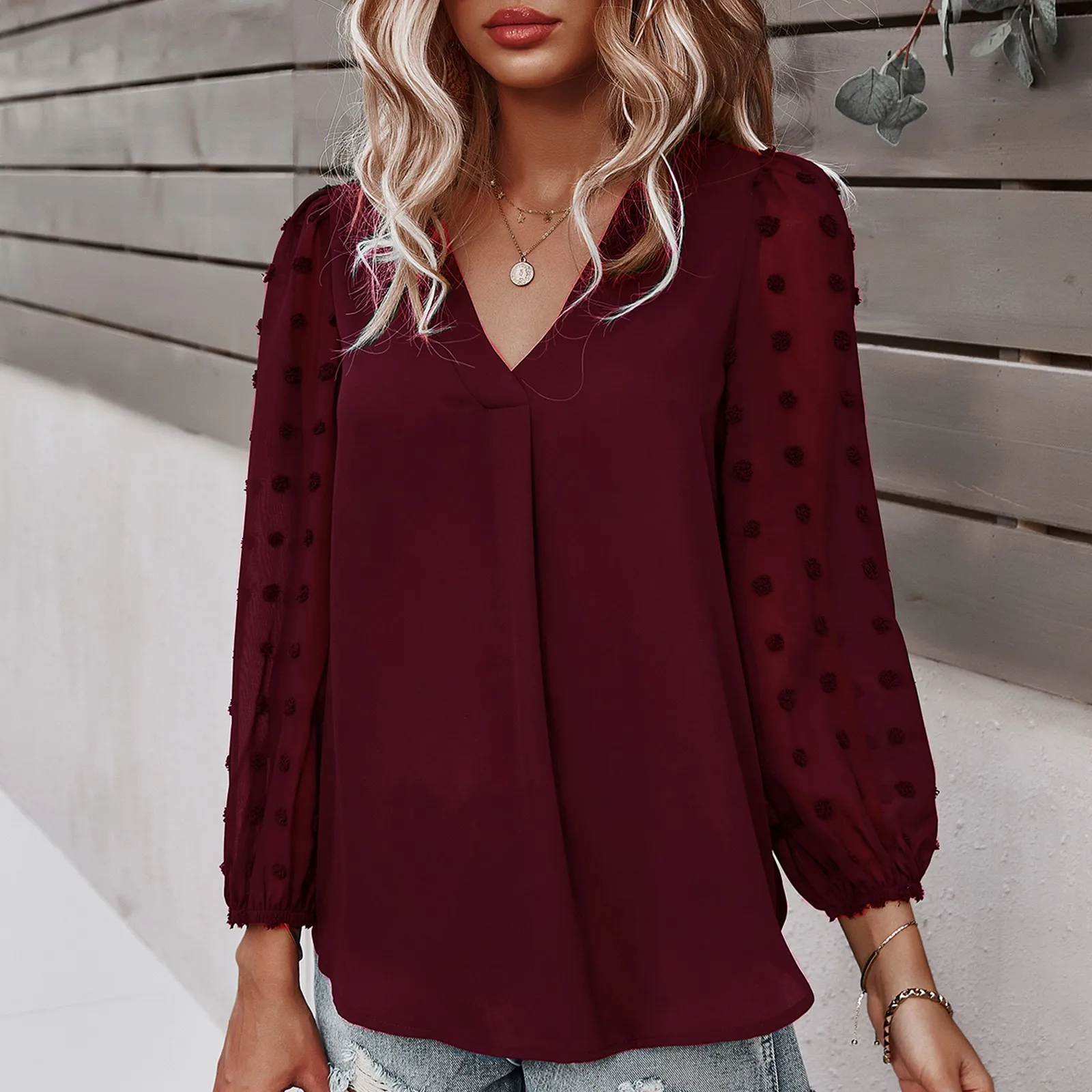 

Women's Shirts Long Sleeve Bubble Chiffon Solid Color Slim V-collar Blouse Oversize Casual Shirt Women Loose Blouse Blusas Mujer