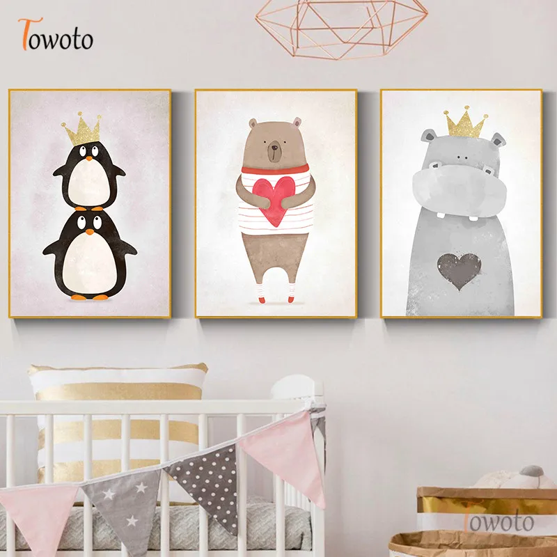 Холщовые постеры и принты &quotБегемот&quot &quotПингвин&quot &quotмедведь&quot настенные