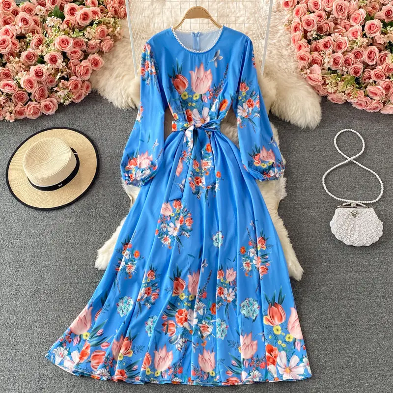 

2021 Spring And Autumn Clothing Retro Lace Up Waist Women Slim Temperament Printed Round Neck Dress Long Sleeve Vestidos zh1600