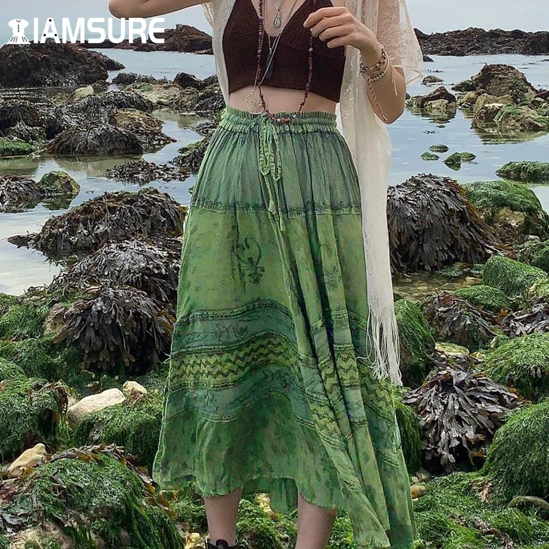 

IAMSURE Beach Style Patchwork Printed Skirt Women 2021 Fashion High Waisted Long Skirts Maxi Skirts Holiday Fairycore Ladies