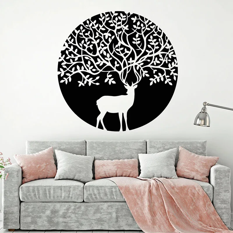 Наклейка на стену с лесным оленем животным этническим деревом природным окном