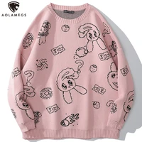 aolamegs men sweater cartoon cute rabbit strawberry knitted pullover sweaters couple o neck casual soft college style streetwear