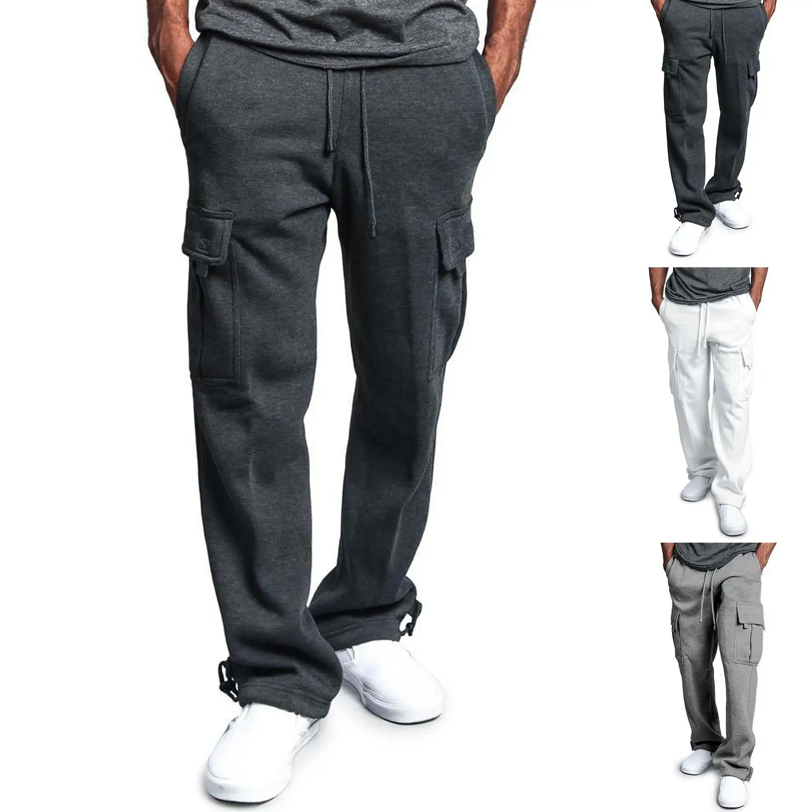 

Men Solid Color Multi Pockets Trousers Drawstring Loose Sports Straight Pants
