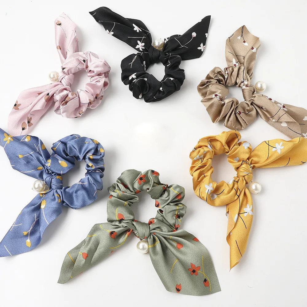 

Floral Colorful Elastic Hair Band Rabbit Ear Bow Pearl Hair Rope Cloth Ponytail Scrunchie Hair Tie For Women Headband Hair Acces