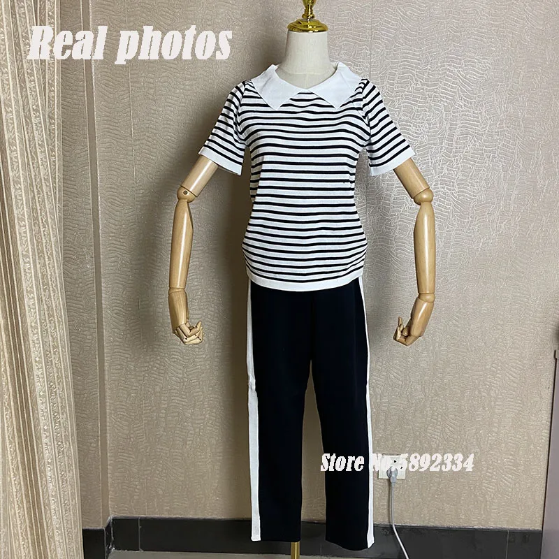 

2021 New Lapel stripe Short-sleeved Knitting Outfit + Wide-leg Pants Two-piece Suit Women Summer Fashion Knitting Trousers Sets