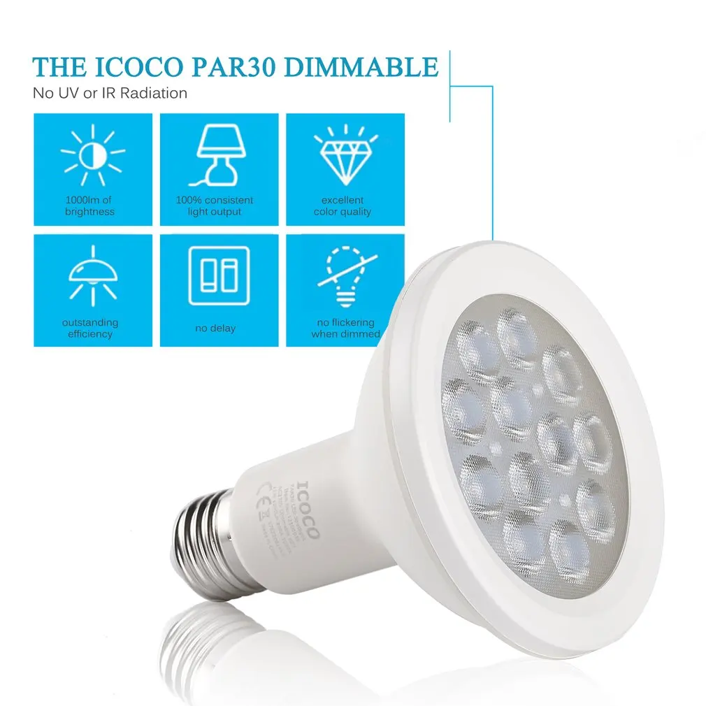 

ICOCO 4Pcs Par30 12Led 12W Dimmable Long Neck 1000Lm 3000K Warm White Spotlight Led Bulb Quivalent For 75W Halogen Bulb