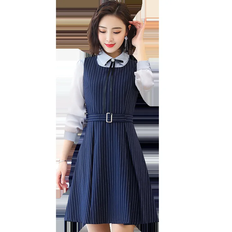 Striped Tank Dress 2 Piece Set White Shirt Midi Knee Round Neck Pleated Professional Work 801840 | Женская одежда