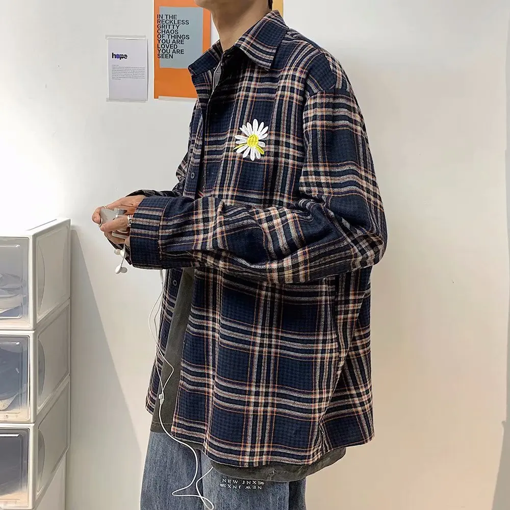 

Men Spring Fall Fashion Japan Business Casual Plaid Harajuku Simple Long Sleeve Shirt Cotton Linen Tops