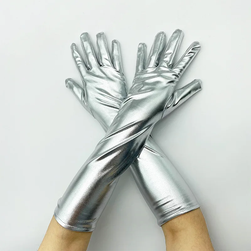 Ladies Gold Silver Fake Leather Metallic Gloves Evening Party Performance Mittens Women Sexy Elbow Length Long Latex Gloves