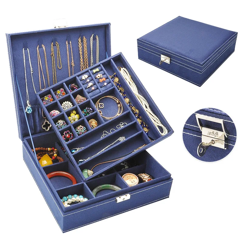 

Large hot sale fashion flannel square jewelry box simple layout 2 layer makeup storage bag necklace ring necklace storage box