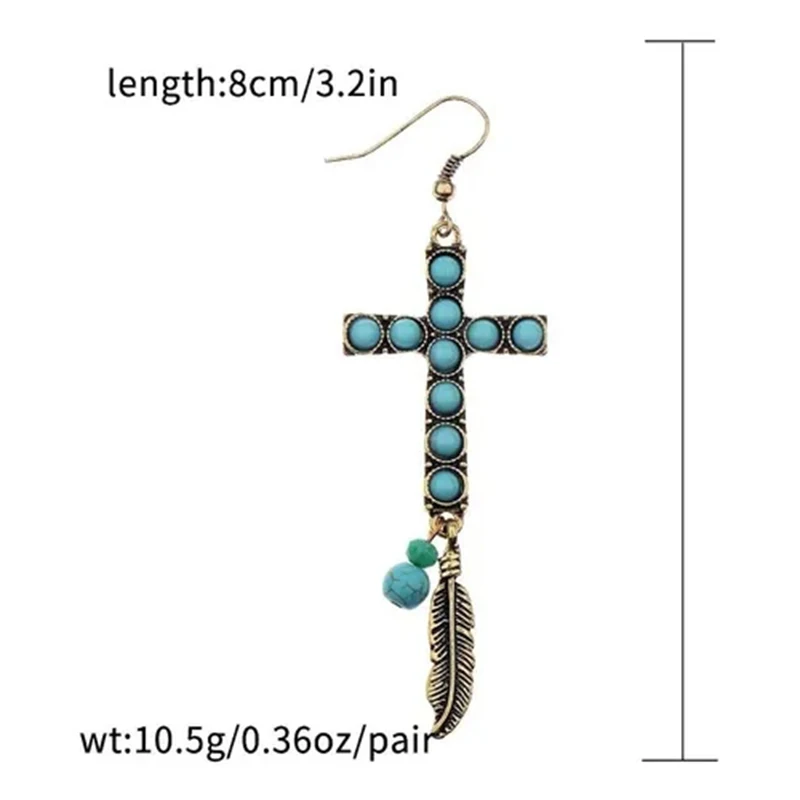 

Blue Stone Cross Crochet Earrings For Women Metal Feather Pendant Drop Earrings Bohemian Fashion Jewelry 2021 Party Wholesale