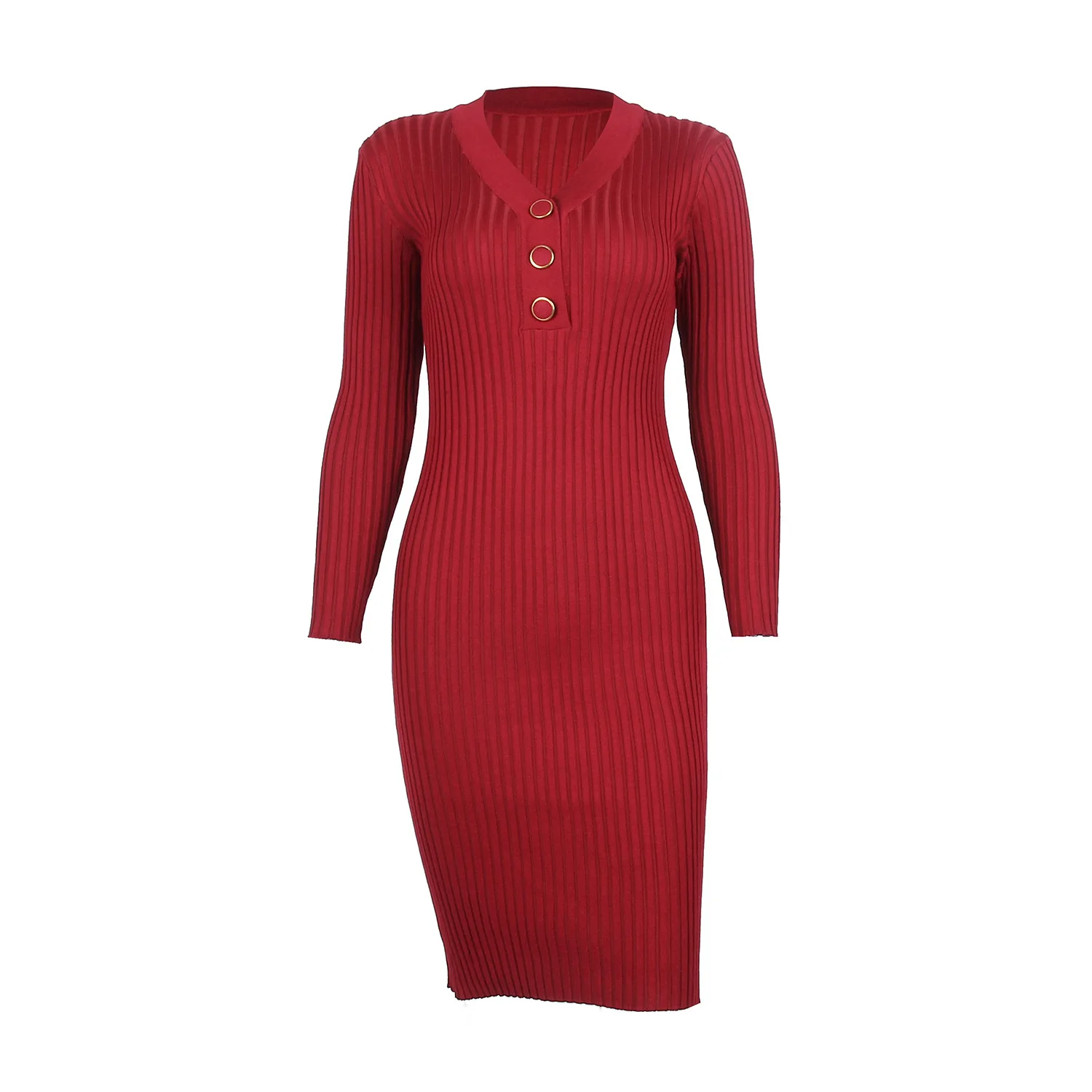 

Dress fall winter 2020 fashion casual V-neck mid-length bag hip long-sleeved sweater dress