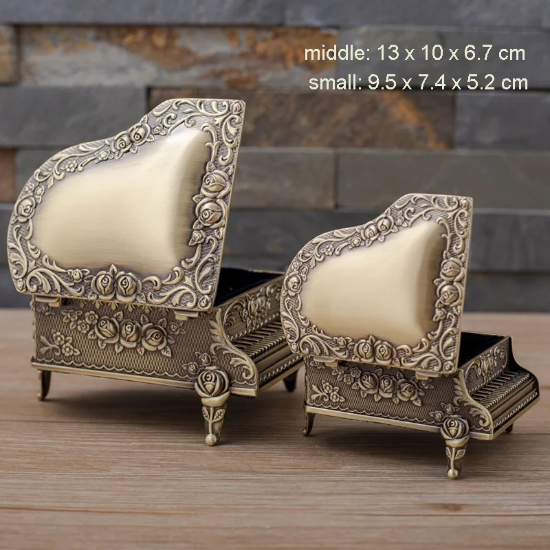 

New piano shape jewelry box European style engraved rose bronze luxury jewelry organizer holder metal desktop gift storage