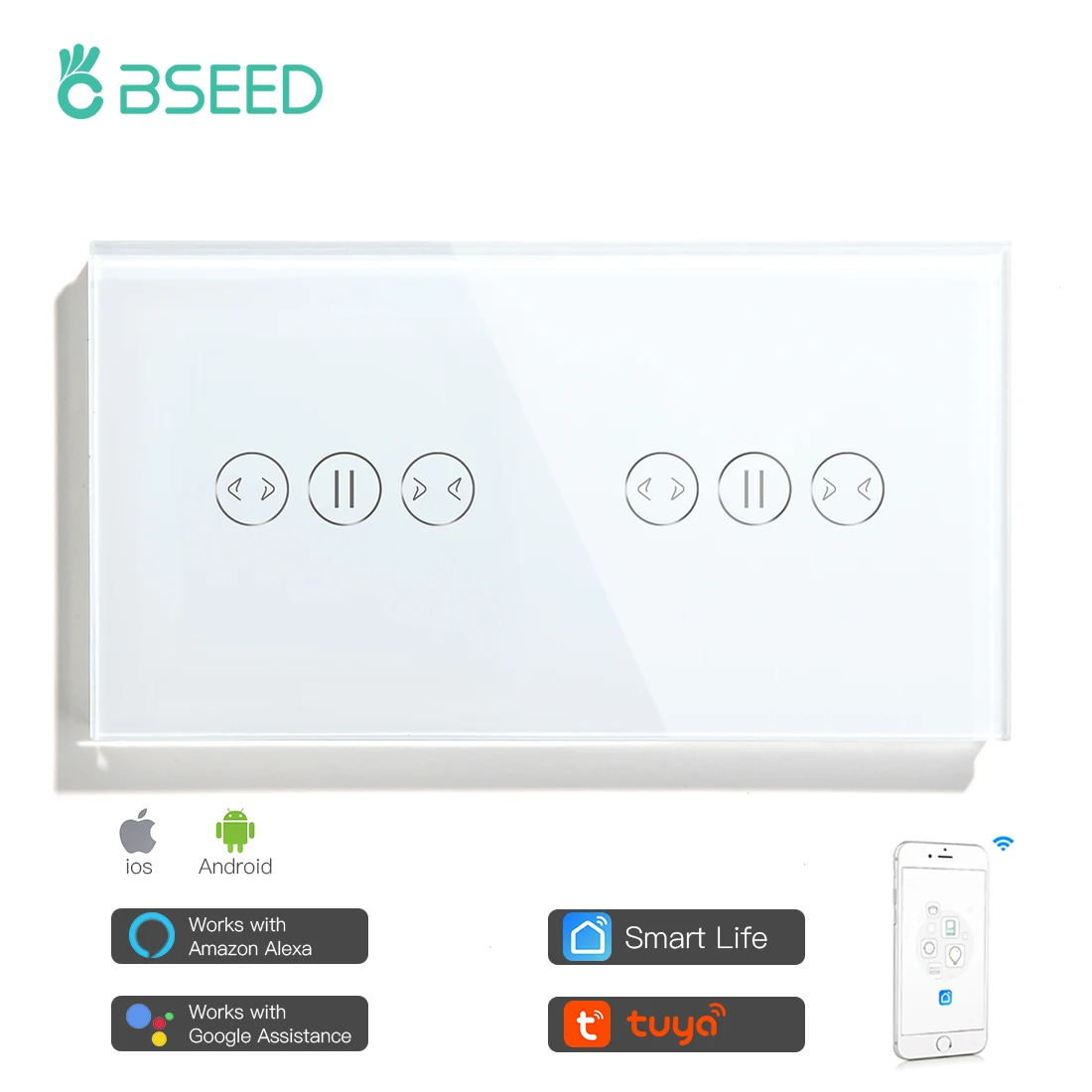 

Bseed Smart Double WifI Curtain Switch Work With Tuya Alexa Light Switch White Black Gold Mirror Crystal Panel Google Home