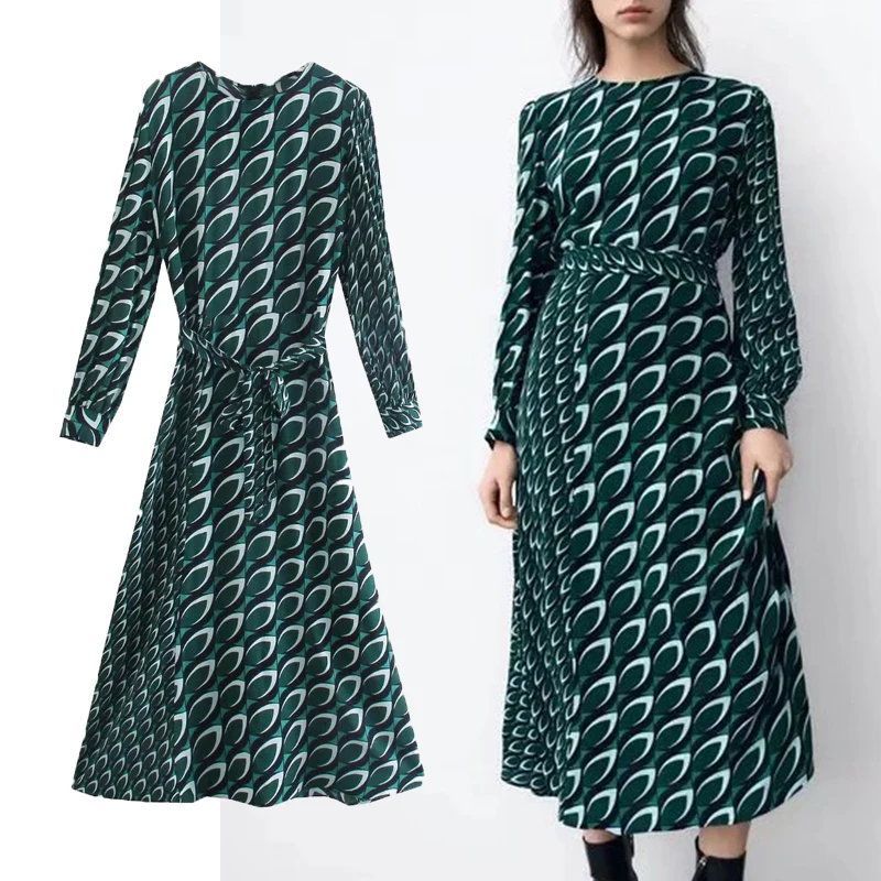 

ZA 2022 Women Mid-Calf Printed Dress With Blet Spring Summer O-neck Long Sleeve Elegant Party Dress Female A-line Outfits