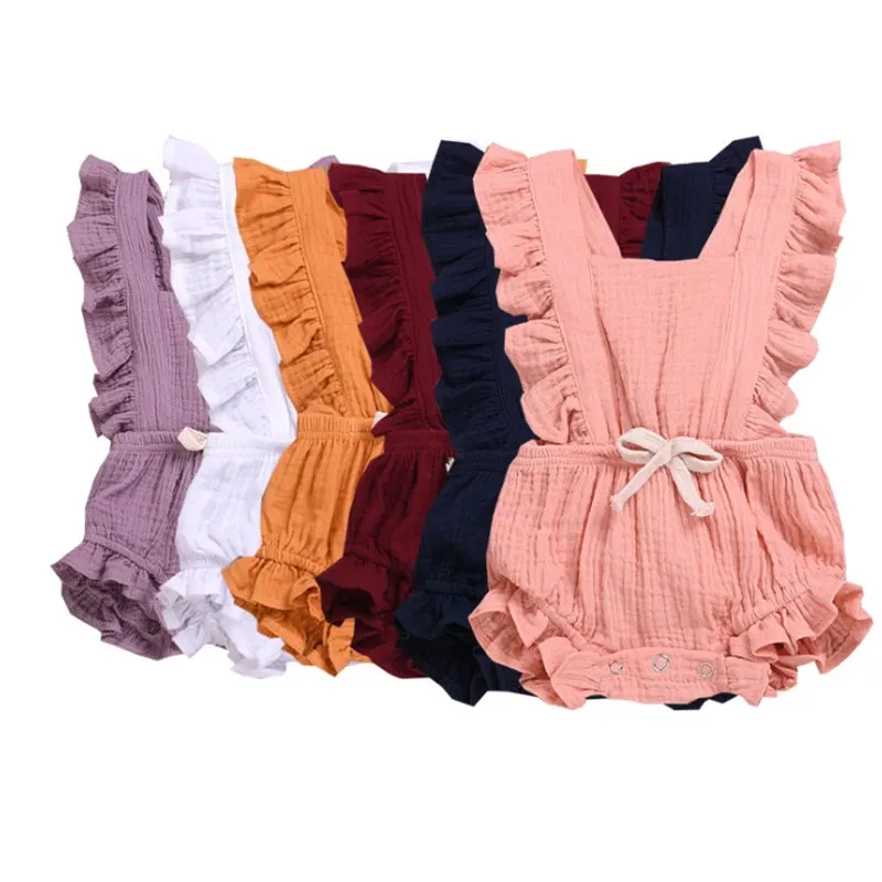 

New Born Summer Ruffle Solid Color Baby Girls Romper Infant Jumpsuit Outfits Sunsuit Baby Clothing Linen Casual Suit Clothes