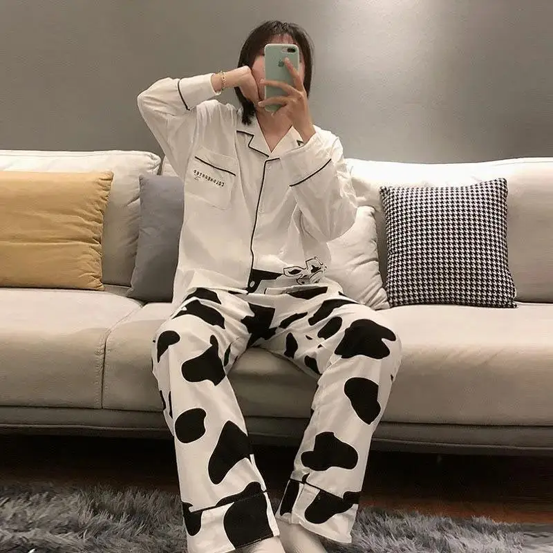 QWEEK Cow Print Women's Pajamas Home Clothes Cute Pyjama Pour Femme Kawaii Sleepwear Pijamas Nightie Autumn Winter