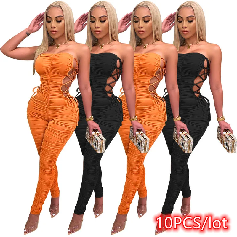 

Bulk Item In Wholesale Lots10PCS Sexy Lace up Jumpsuit Women Slash Off Shoulder Overalls One Piece Streetwear Outfits Female