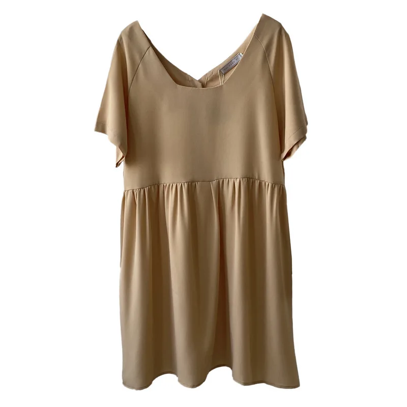 

HXJJP 2020 Summer Chiffon Dress New Korean Women's Monochrome Knee-Length Button-down Short Sleeved Loose Dress