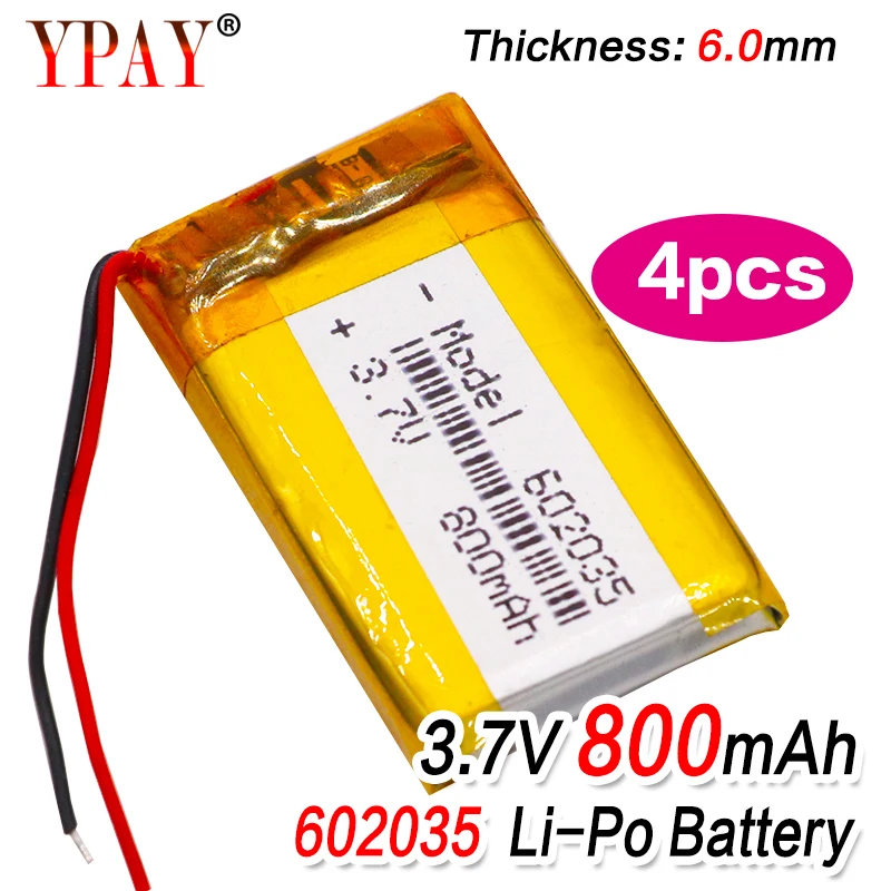 4 шт. 3 7 v 602035 800mAh литий ионный полимерный аккумулятор для DVR gps тахографа