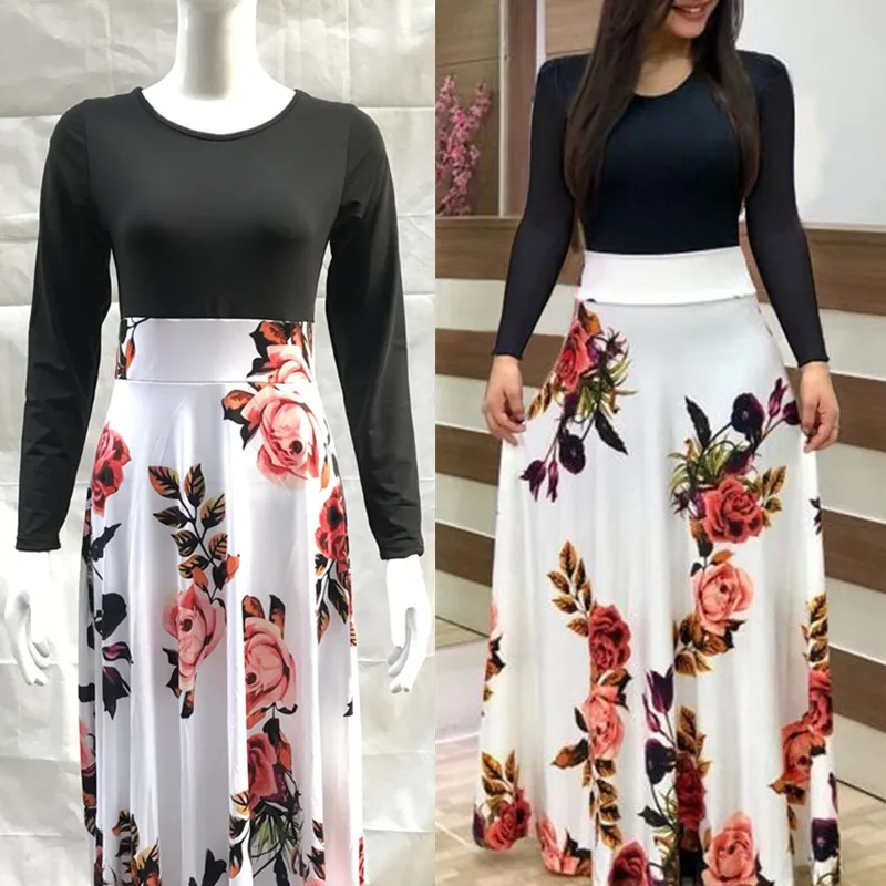 Женское платье с длинным рукавом и круглым вырезом повседневное лоскутное