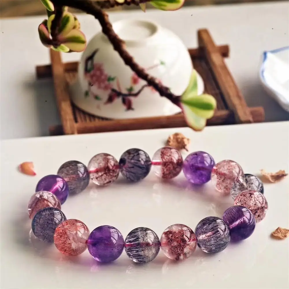 

Genuine Natural Super Seven 7 Red Lepidocrocite Quartz Bracelet 11.5mm Clear Round Beads Stretch Crystal AAAAA