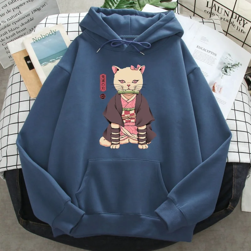 

Moletom japonês catana com estampa de gato, pulôver masculino solto de alta qualidade com capuz em desenho, hip hop e engraçado.