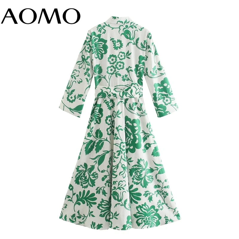 

AOMO 2021 Autumn Fashion Women Green Flowers Print Shirt Dress Long Sleeve Office Ladies Midi Dress With Slash 5Z254A