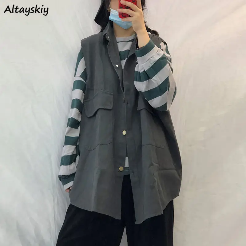 

Vest Women Spring Streetwear Pocket All-match Single Breasted Students Korean Style Outwear Simple 3 Colors Fashion Loose Female