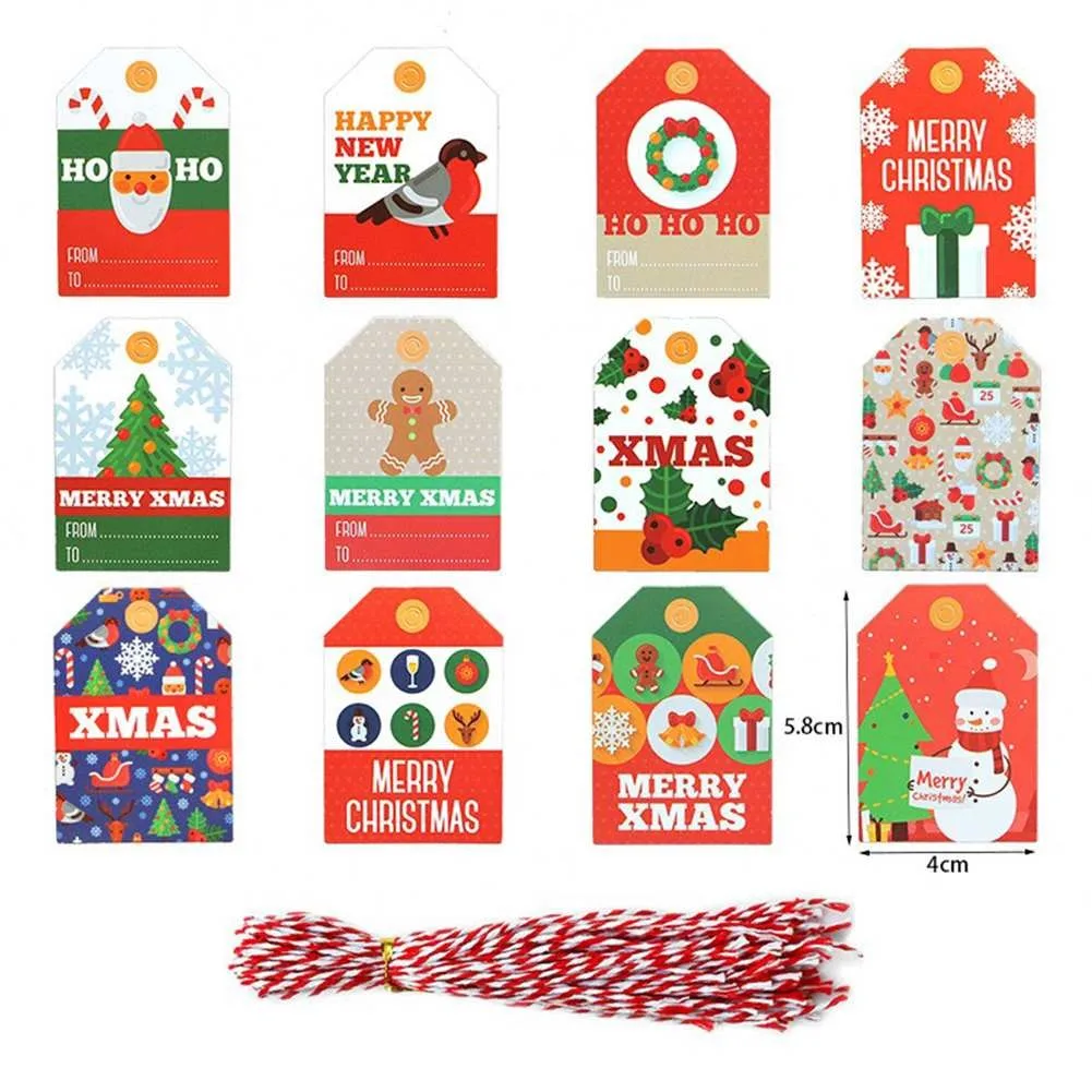 

48PCS 7*4cm Merry Christmas Tag Kraft Paper Gift Decoration Label +Rope Ornaments Xmas Navidad Gift New Year 2022