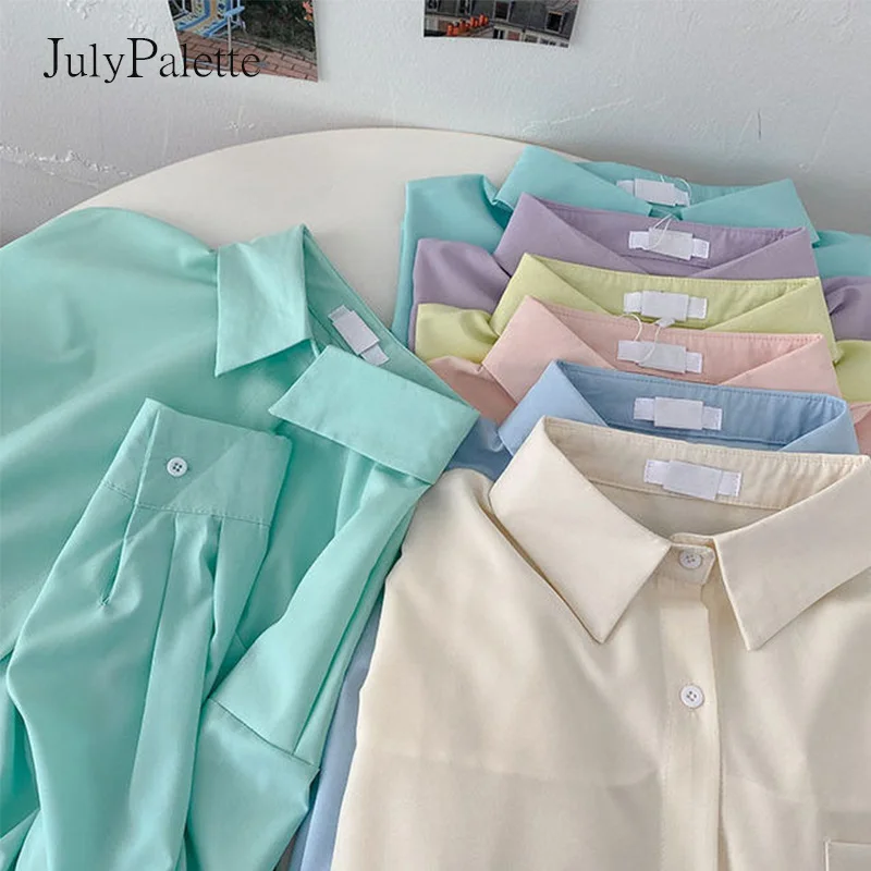 

Julypalette Korean Loose Women Shirt Blouse Casual Polo Collar Female Cotton Pockets Shirt Tops Harajuku Solid blusas mujer