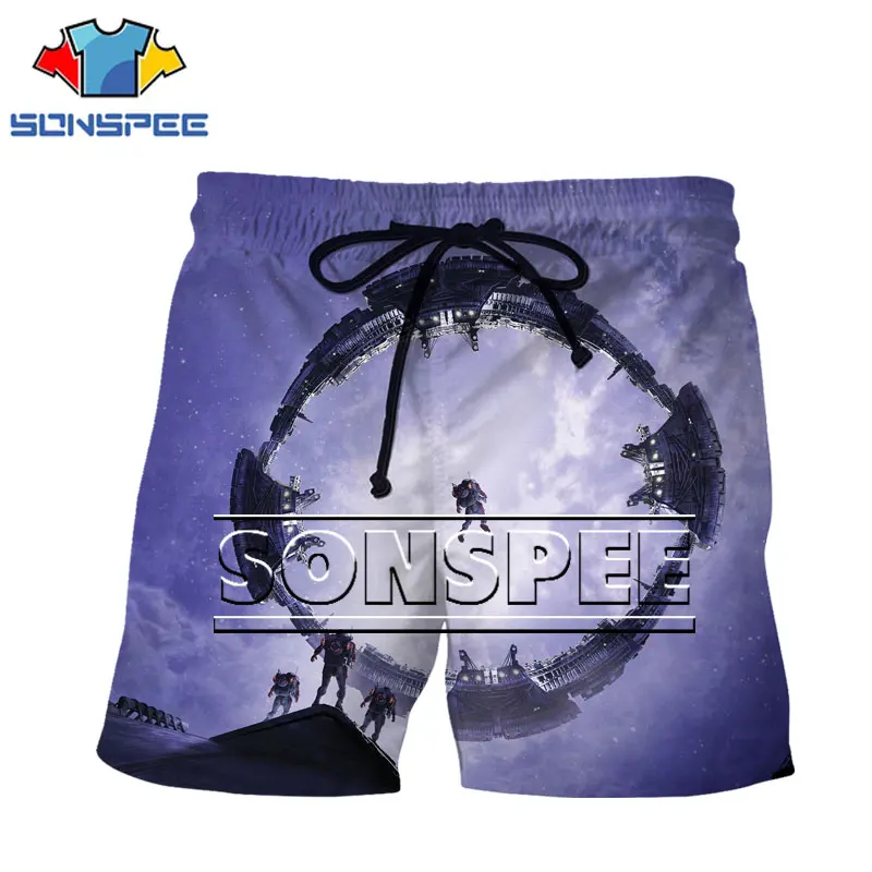 

SONSPEE 3D Print Men Woman Short Astronaut Space Moon Summer Fashion Cool Harajuku Bungee Elastic Waist Tie Large Size Shorts