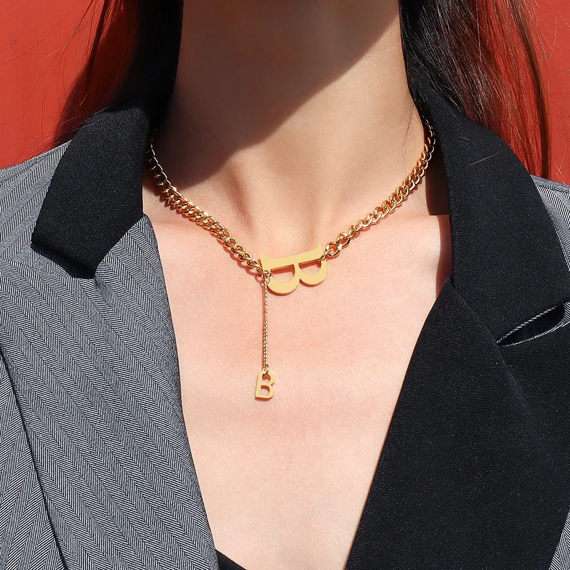 

Gaku New Ins Style Exaggerated Hip Hop Thick Chain B Letter Necklace Tassel Clavicle Necklace Titanium Steel 18K Gold Jewelry
