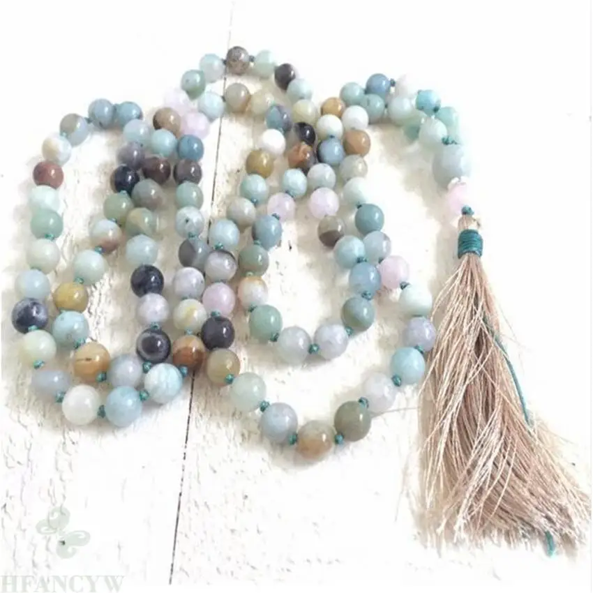 

6mm Amazonite Gemstone 108 Beads Tassel Mala Necklace pray Meditation Handmade Wrist natural Healing Wristband Lucky Bless