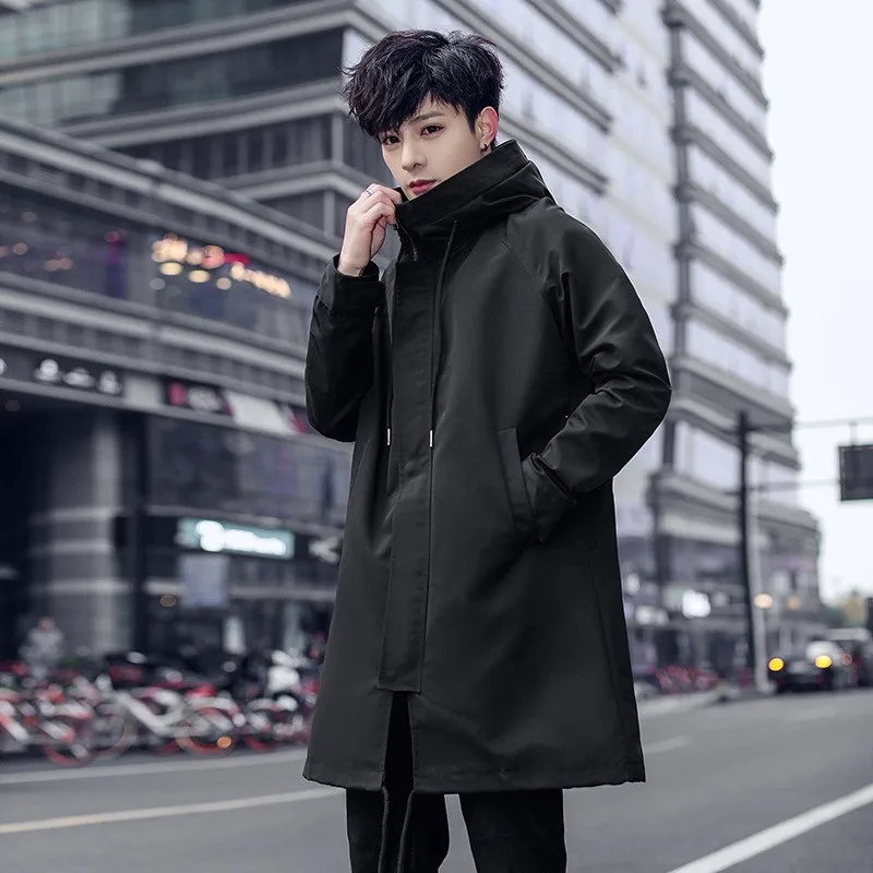 

Autumn Windbreaker Men Loose Fit Hoody Casual Safari Style Mid Long Coat Teenager Outerwear Trench Solid Colors Plus Size