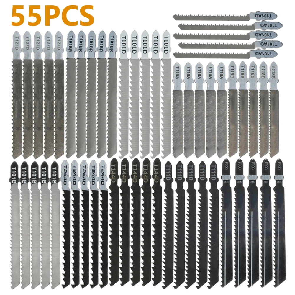 

55Pcs Jig Saw Blade Set T Shank Fast Cut Down Cut Blades Wood Cutting Power Tool Metal Wood Assorted Blades Woodworking Tools