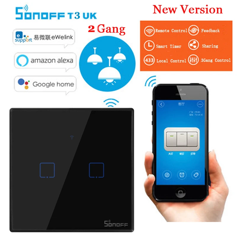 Sonoff T3 UK 2C Sonoff T3 UK 1 2 3 банда умный дом пульт дистанционного управления Wifi сенсорный переключатель Роскошная стеклянная панель сенсорный светодиодный светильник настенный таймер переключатель черный - Комплект: Sonoff T3 UK 2C