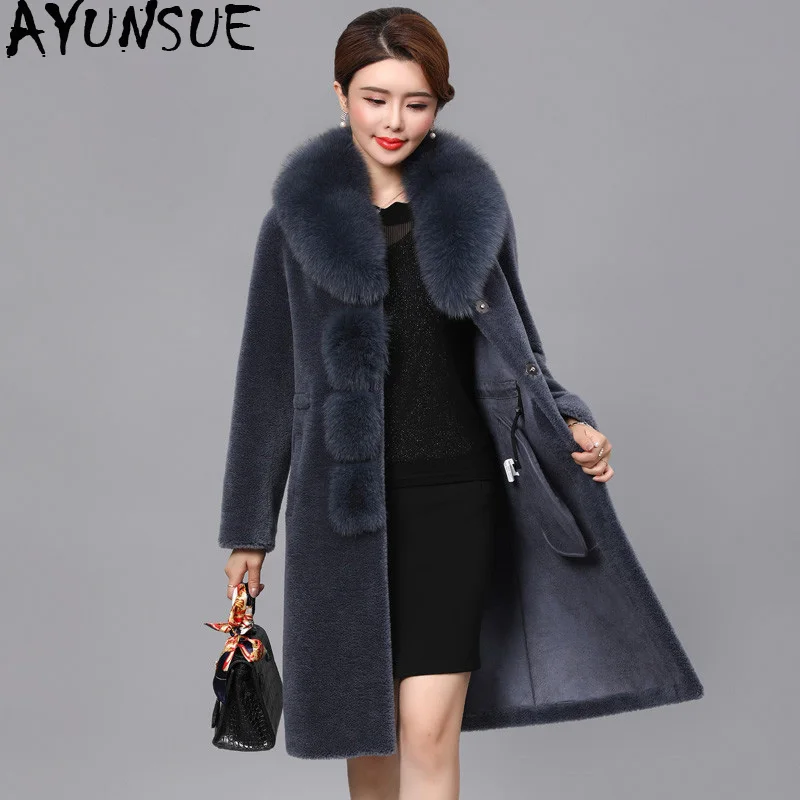 

AYUNSUE 100% Wool Coat Female Real Fox Fur Collar Sheep Shearling Fur Winter Jacket Women Korean Long Women Coats Plus Size 7063