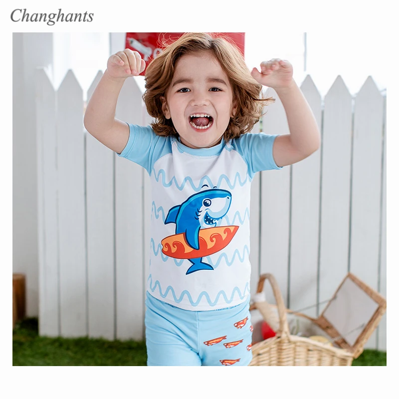 

1-7 Y Boys Rash Guards White Light Blue Shark Kids Short Sleeve Surfing Suit Baby 2 Pieces Swimwear Child Swimsuit with Swim Cap