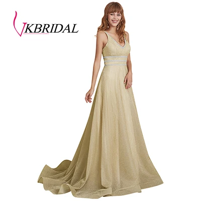 Золотой VKbridal сексуальное вечернее платье с v-образным вечернее платье ТРАПЕЦИЕВИДНОЕ Сверкающее платье для выпускного вечера Длинные вечерние платья со стразами реальное изображение - Цвет: Золотой