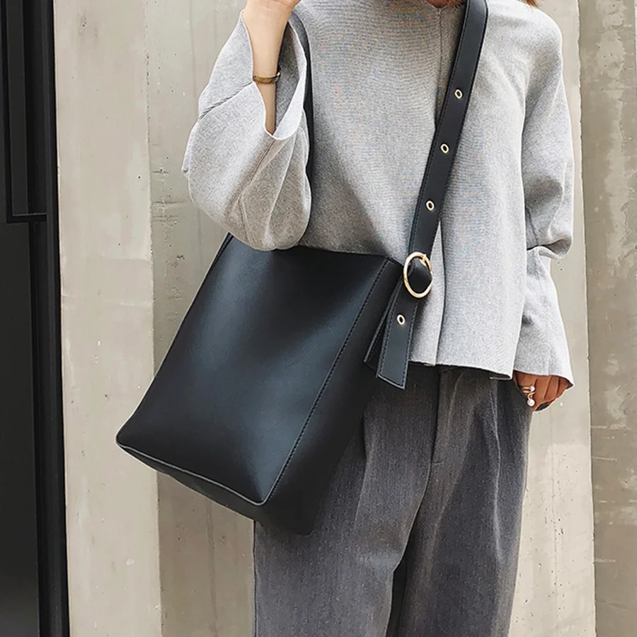 

Fashion Pu Leather Composite Bags For Ladies Casual Solid Large Capacity Bucket Bags For Women Simple Vintage Messenger Bags New