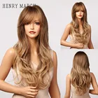 Генри MARGU длинные волнистые синтетические парики с челкой эффектом деграде (переход от темного к коричневого до блондинка естественный Косплэй парики из натуральных волос для Для женщин термостойкие парики